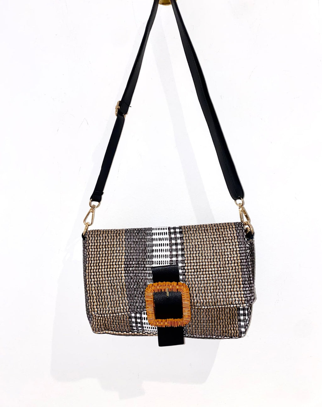 Mala Ráfia Tricolor — Preto/Bege/Branco