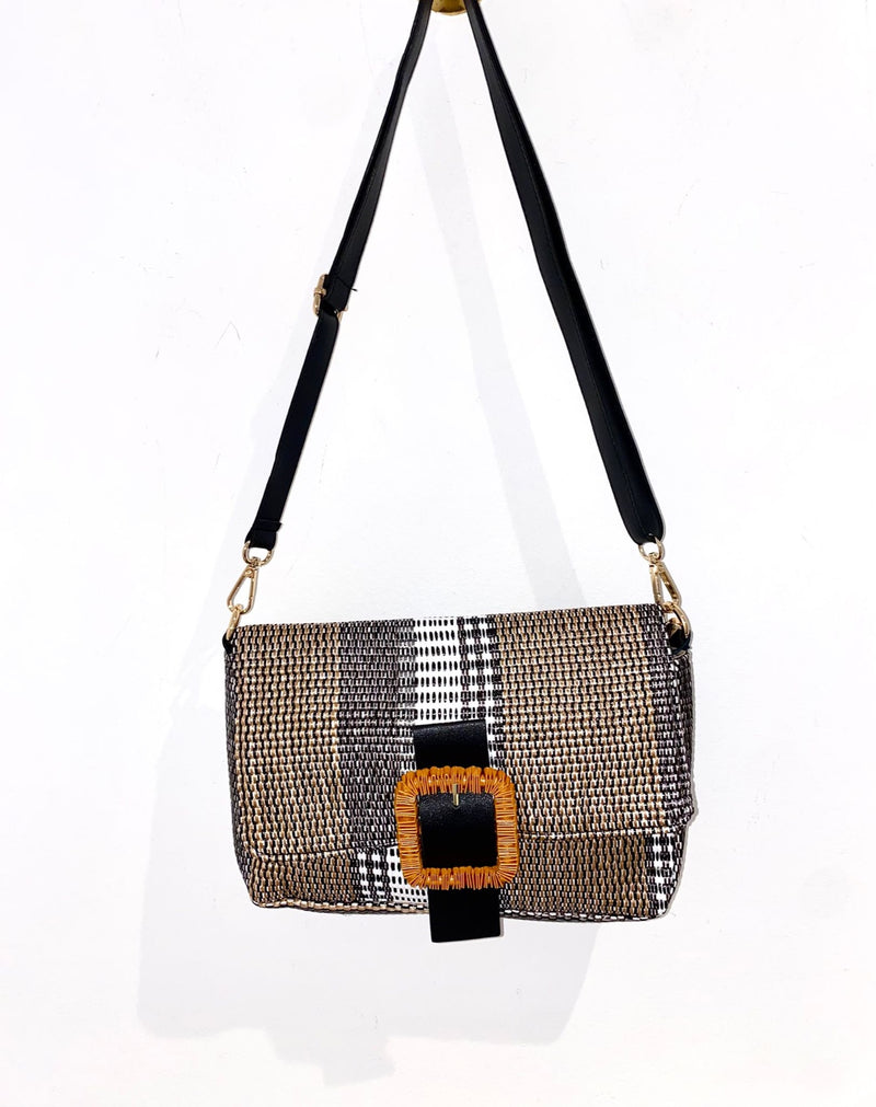 Mala Ráfia Tricolor — Preto/Bege/Branco