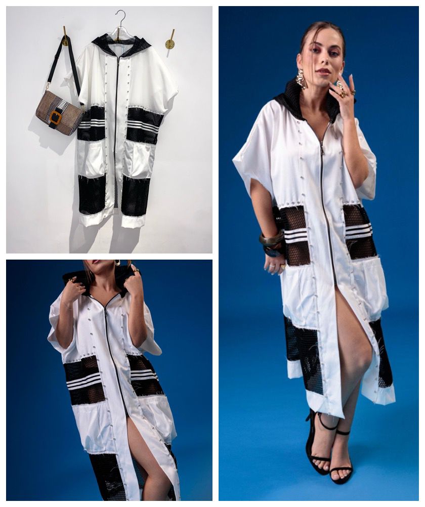 Vestido Longo com Capuz Branco e Preto
