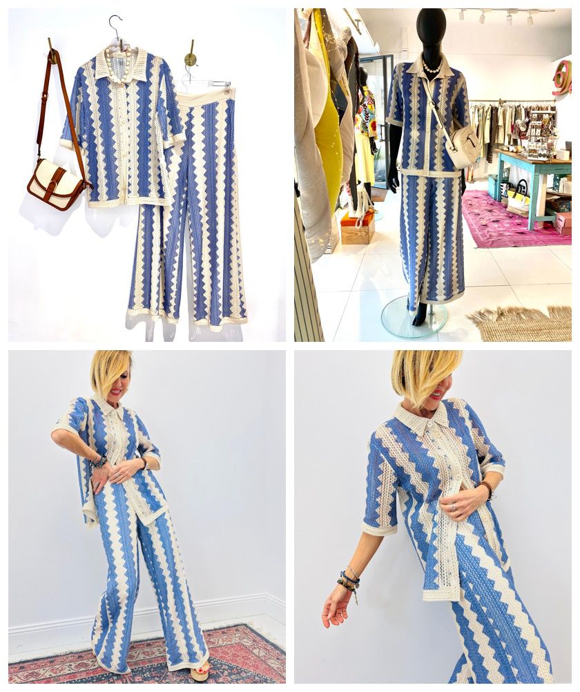 Conjunto Crochet Zigzag Azul e Creme
