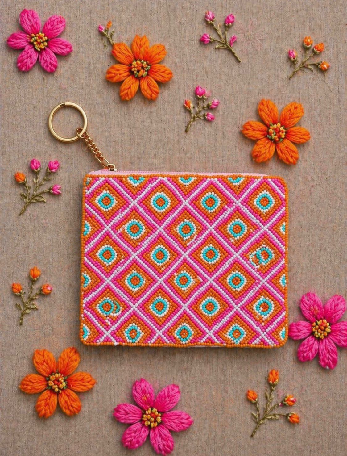 Carteira Miçangas Mosaico Rosa