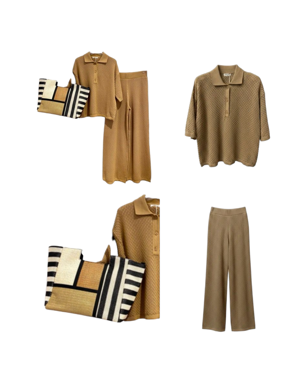 Conjunto Malha Texturada Camel — fundo branco