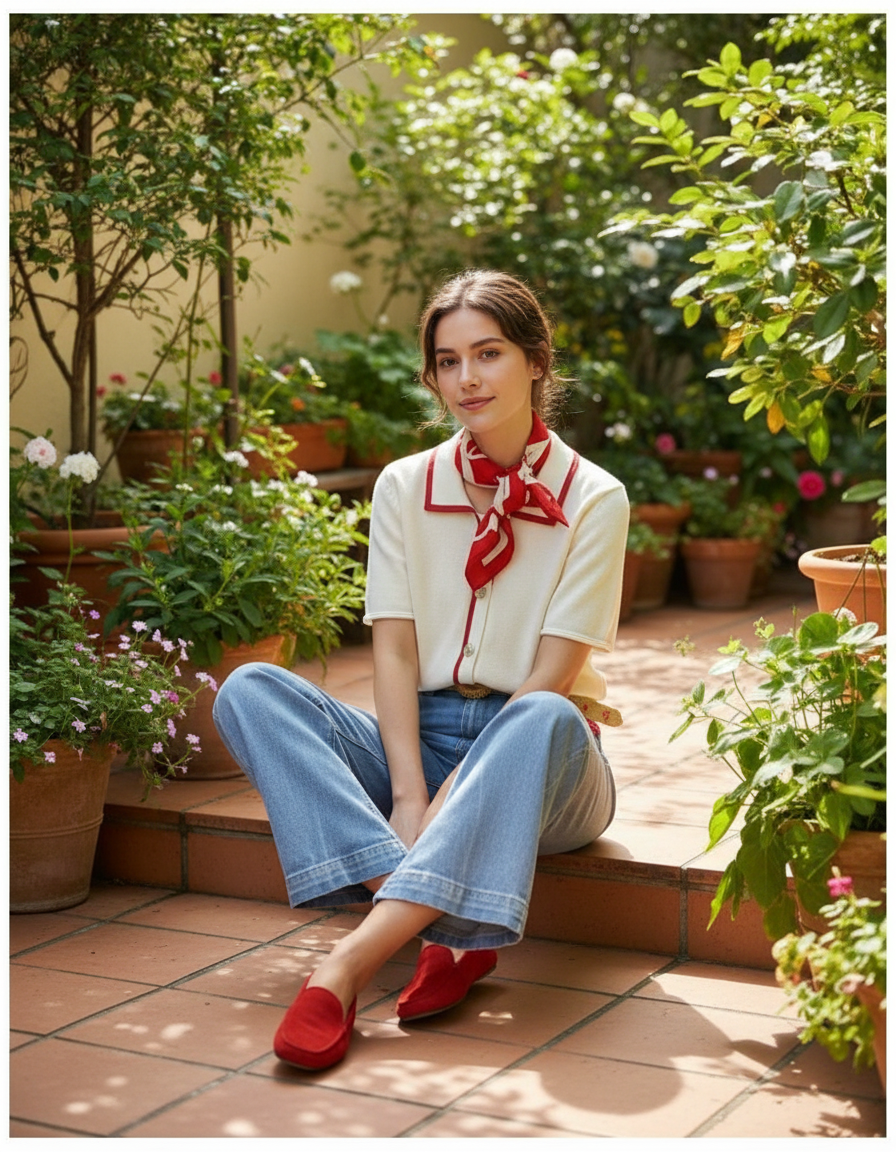 Casaco Cardigan Creme com Vivo Vermelho — foto lifestyle