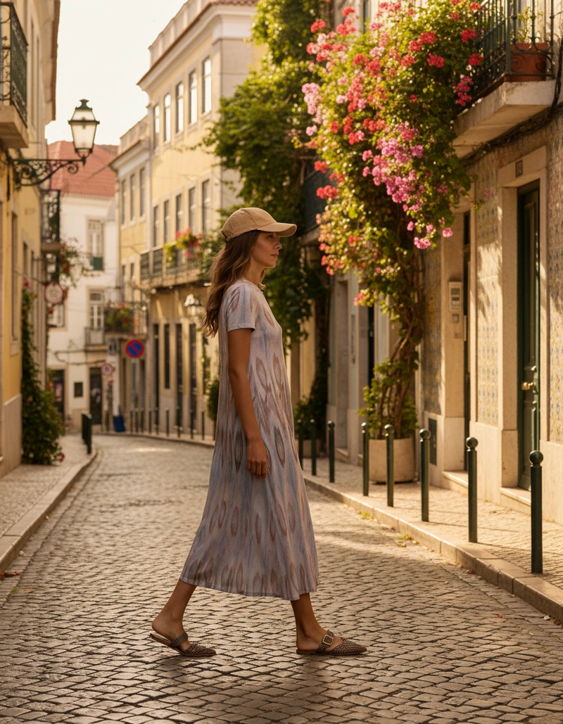 Vestido Longo Manga Curta Light Grey — foto lifestyle Lisboa
