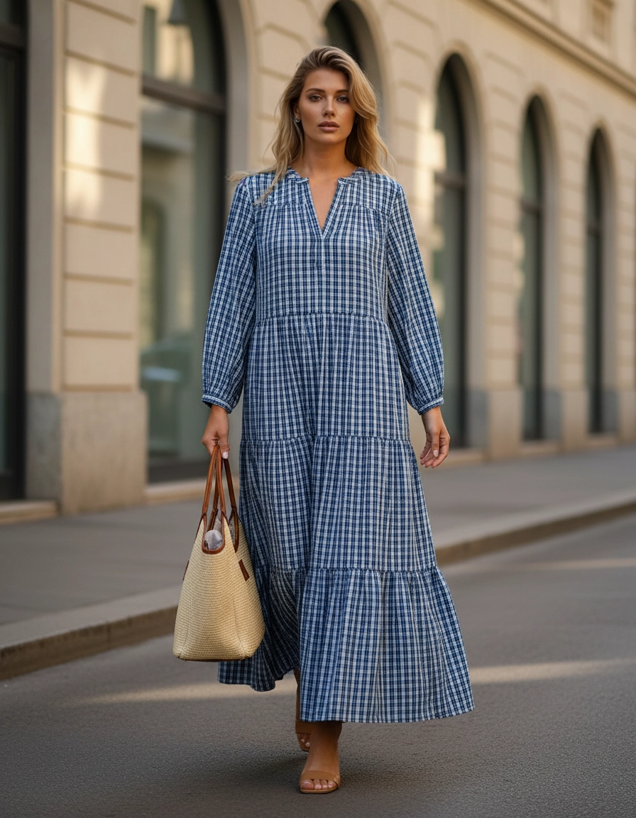 Vestido Maxi Xadrez Azul — lifestyle Milano