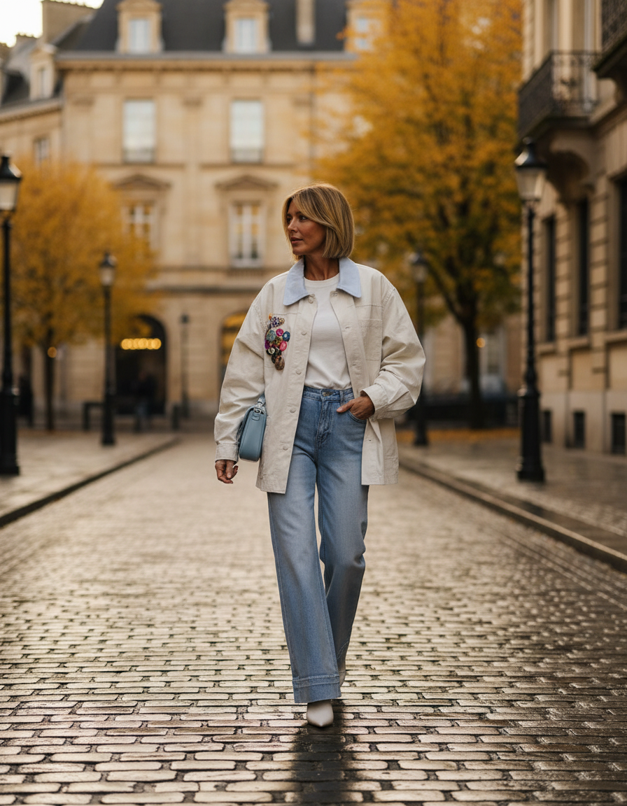 Sobretudo Branco com Patches Coloridos — foto lifestyle