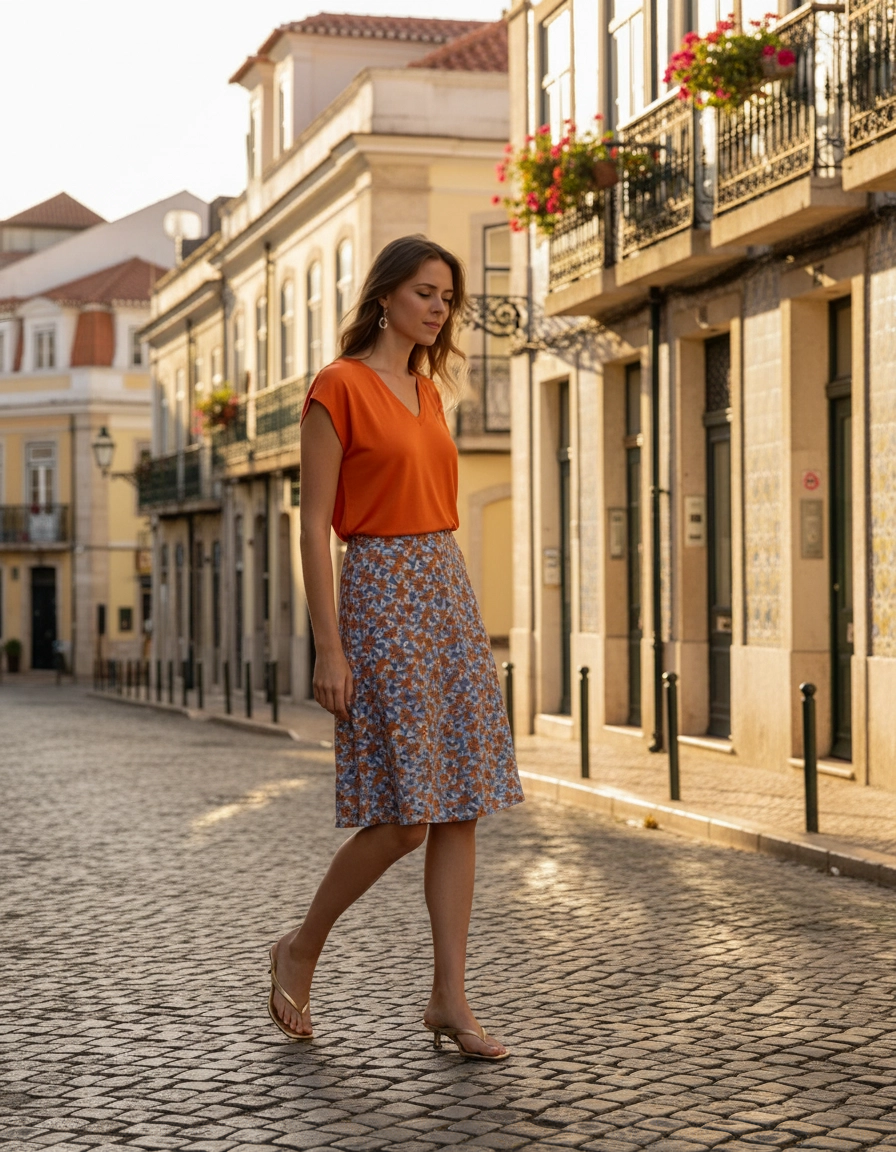 Saia até o Joelho com Fivela Azul Empoeirado — foto lifestyle Lisboa