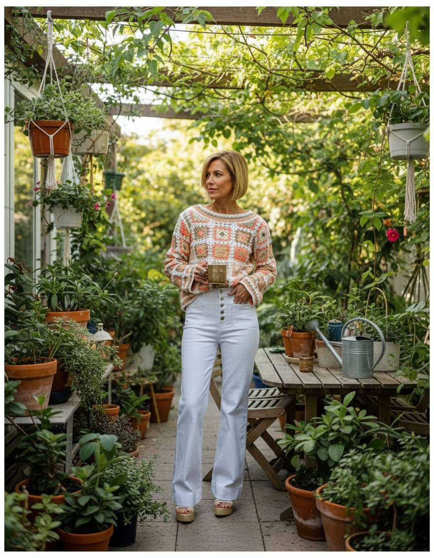 Camisola Crochet Granny Square Coral — foto lifestyle