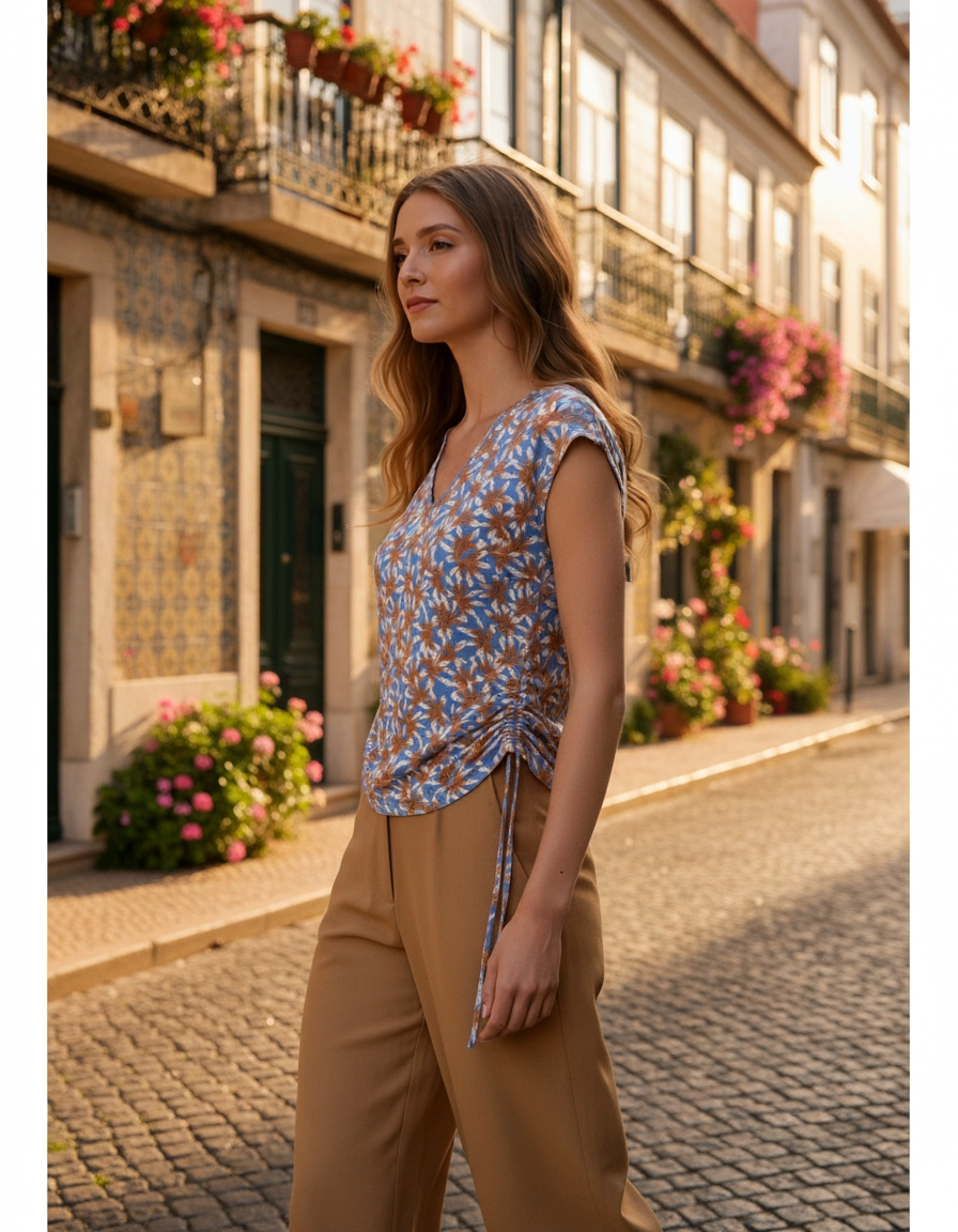 Camiseta Sem Mangas Decote V Azul Empoeirado — foto lifestyle Lisboa