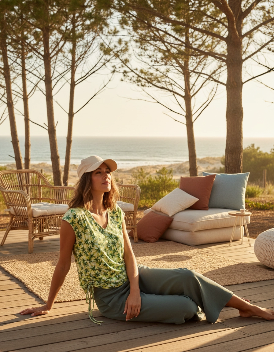 Camiseta Sem Mangas Decote V Light Green — foto lifestyle Aroeira