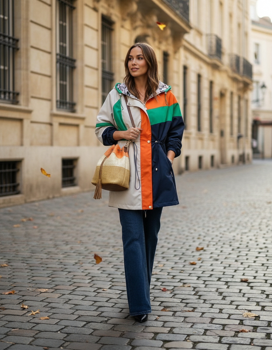 Blusão Colorblock Verde/Laranja/Navy — foto lifestyle