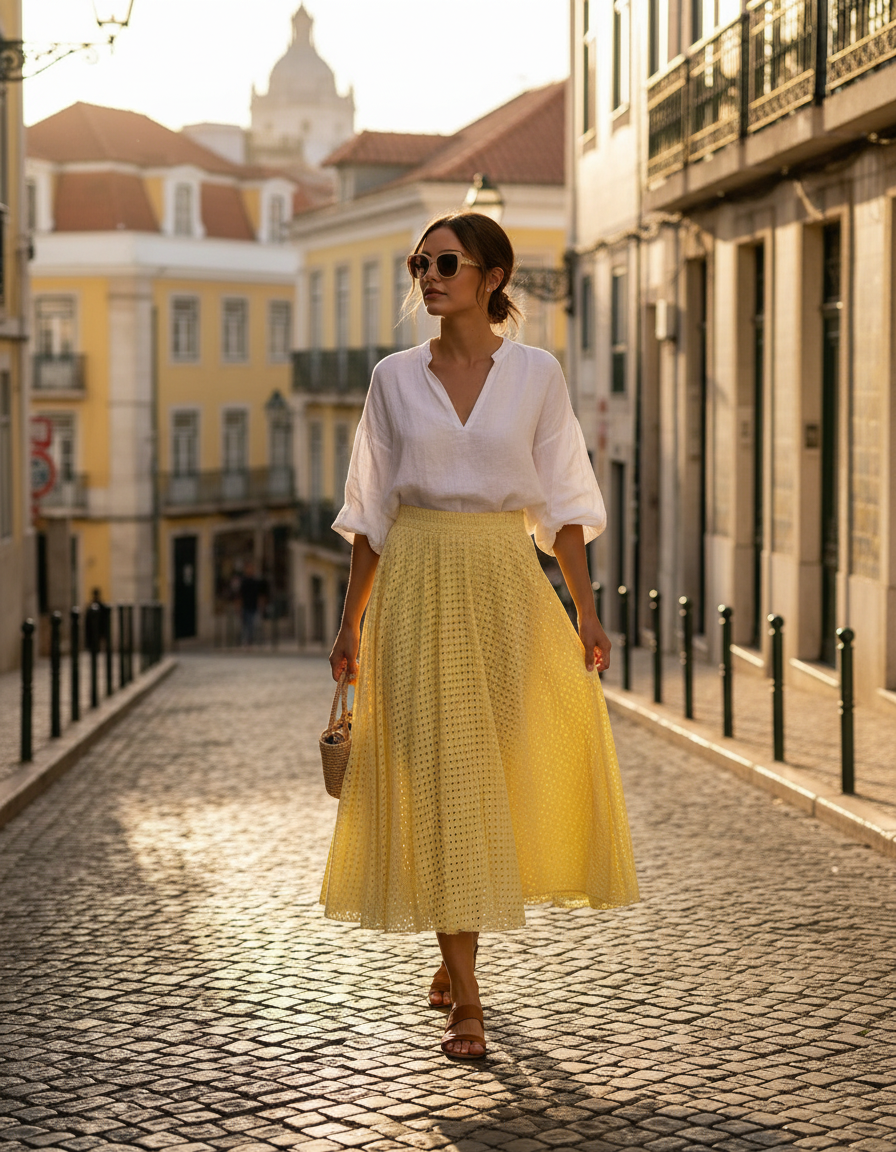 Saia Amarela Broderie Anglaise — lifestyle