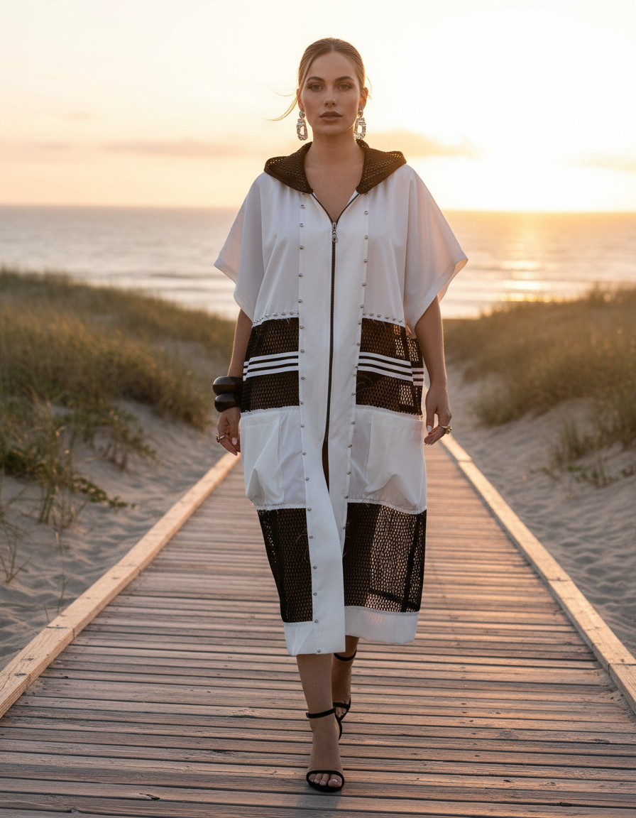 Vestido Longo com Capuz Branco e Preto — foto lifestyle
