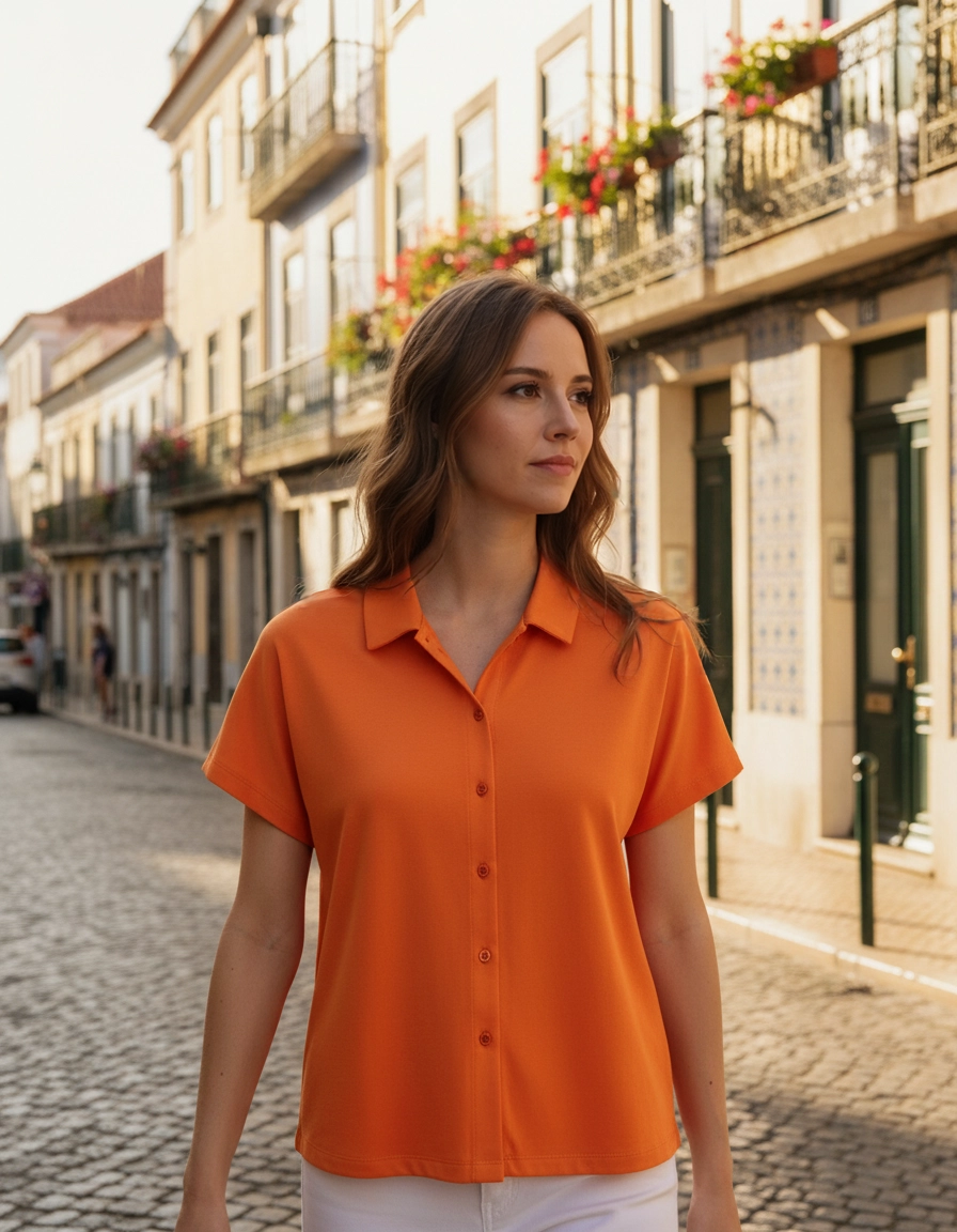 Camisa de Manga Curta Laranja — foto lifestyle Lisboa